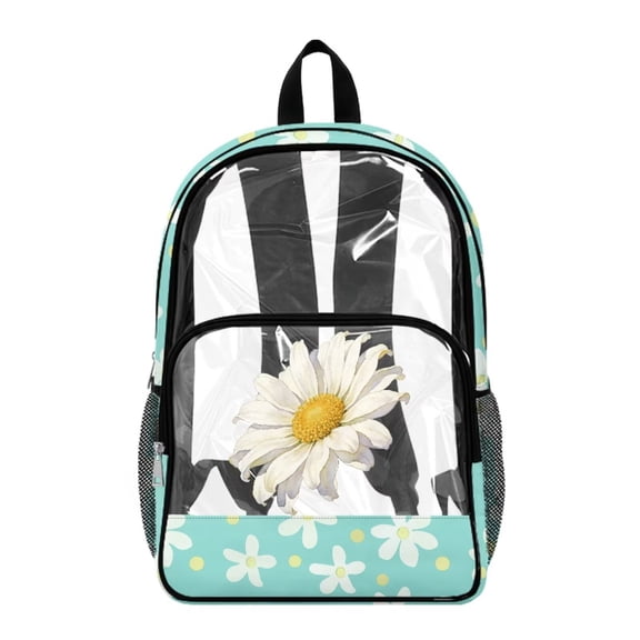 COEQINE Large Clear Backpack 17 Inch Transparent Bookbag for Women Girls College, Heavy Duty PVC Polyester Backpack for Work Travel, Stylish Daypack for Concert Stadium, Daisy Mint Green