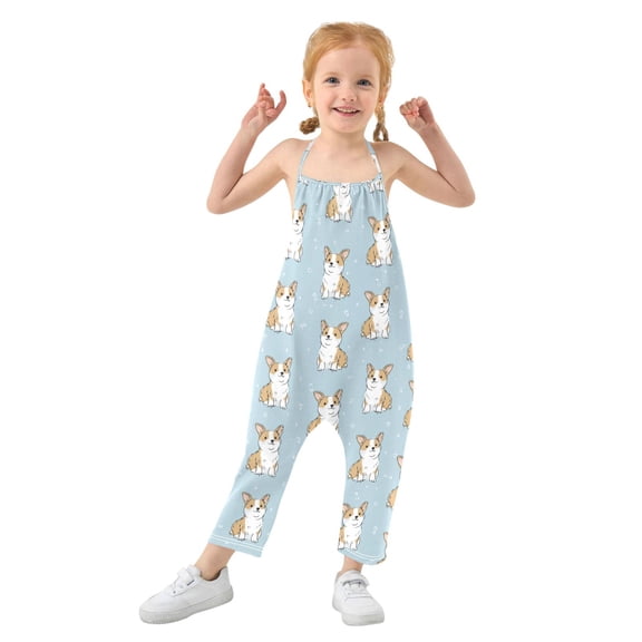 Girls' Jumpsuits Rompers Summer Casual Sleeveless Rompers With Pockets Spaghetti Strap Romper Cute Little Dog Pattern 1T