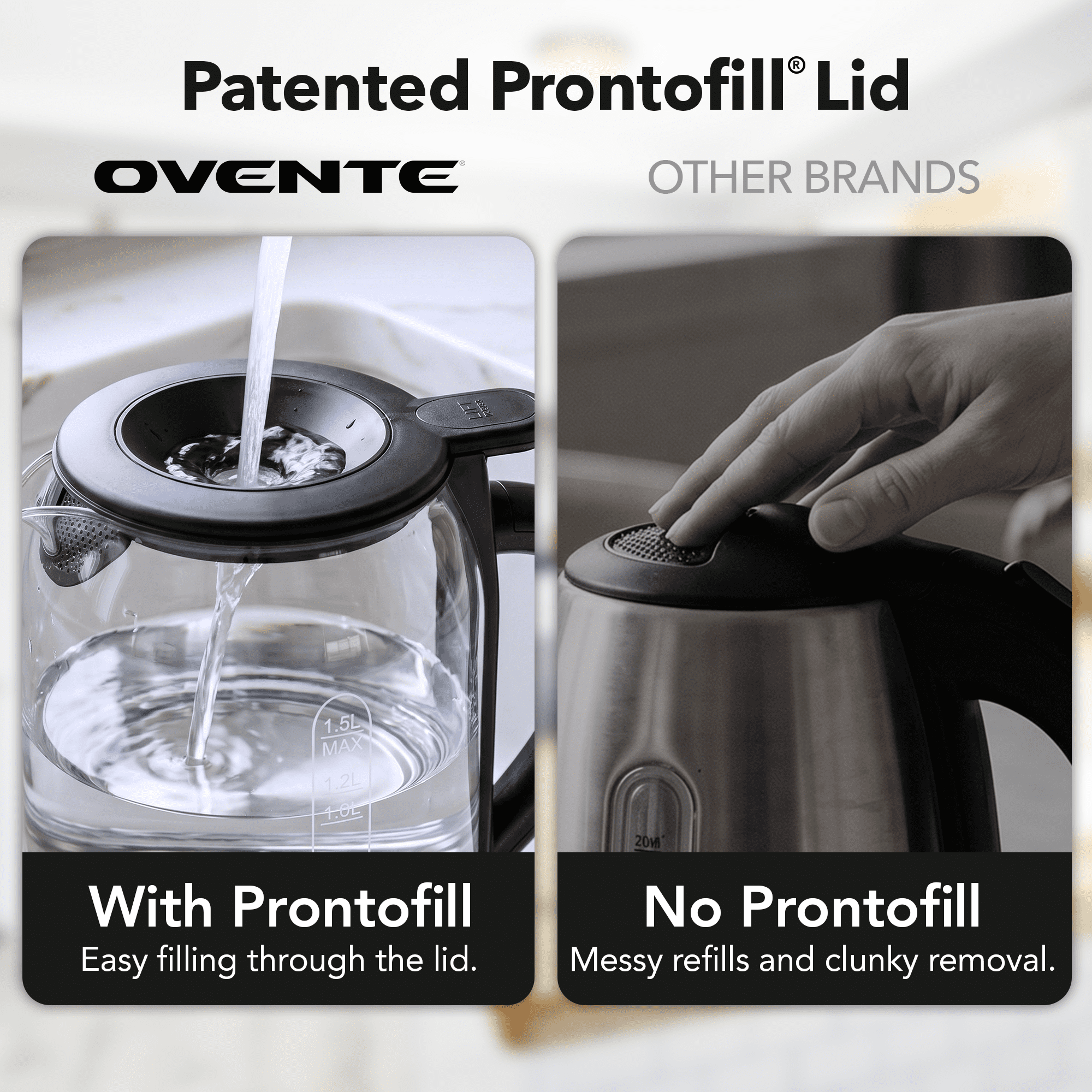OVENTE Electric Kettle with 1.5L Borosilicate Glass, 1500W Fast Boiling Water Heater for Coffee or Tea, Easy to Fill Lid, Auto Shut-Off, Boil-Dry Protection & Stainless Steel Filter, Black KG516B