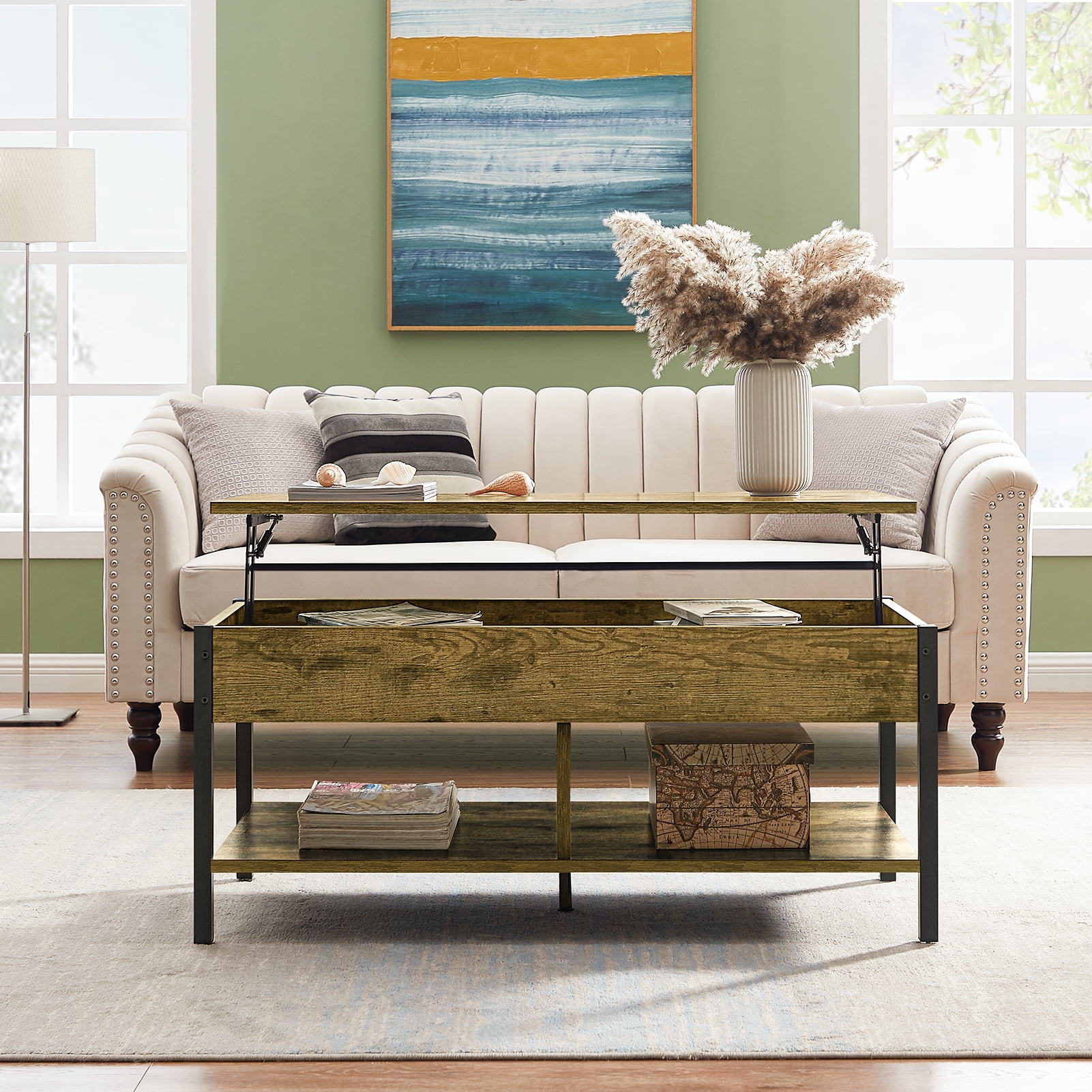 Resenkos 41" Modern Lift Top Coffee Table with Black Metal Frame Dining Center Table for Living Room Furniture