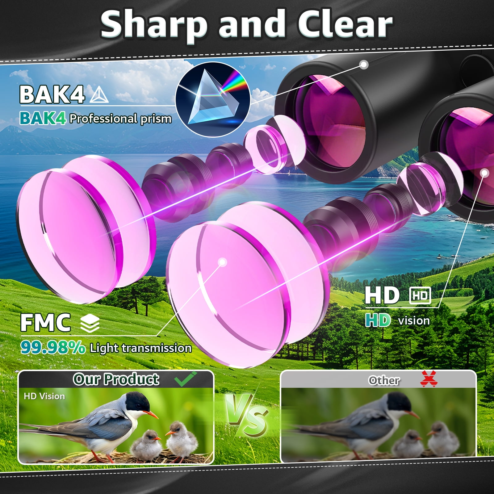 BEBANG 10x42 Binoculars for Adults, BAK4 Prism, FMC, Nitrogen-Filled Waterproof, HD Binoculars for Bird Watching Hunting Travel Camping
