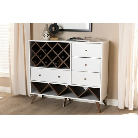 Walnut Wine Cabinet - Baxton Studio Savino Mid-Century Modern White and Walnut Finished Wood Wine Cabinet
