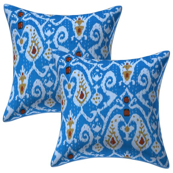 Stylo Culture Indian Chair Seat Throw Pillow Covers 16 x 16 Kantha Blue Printed 40x40 cm Home Decor Accent Pillowcase Cotton Ikat Square Cushion Covers | Set Of 2