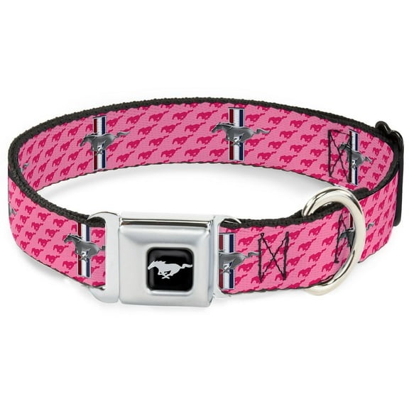 Ford Pet Collar, Dog Collar Metal Seatbelt Buckle, Ford Mustang Bars Text Pink Logo Repeat, 9.5 to 13 Inches 1.0 Inch Wide