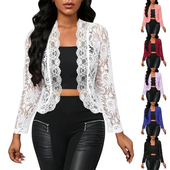 Wiyuqeen Women's Lace Cardigan Open Front Lace Shrug Elegant Sheer Floral Cropped Bolero Cardigans Long Sleeve Lightweight Wedding Shrug