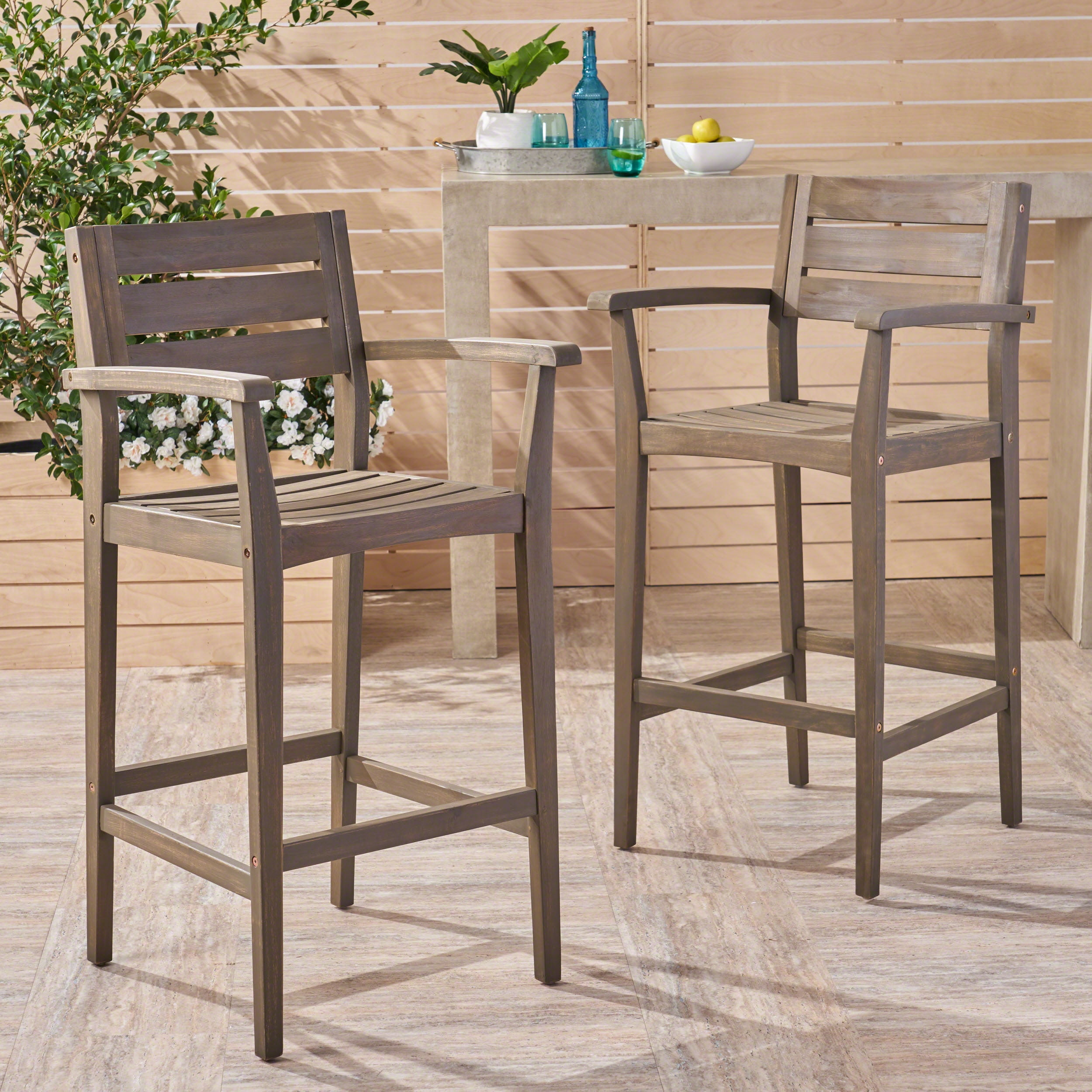 Jaxson Outdoor Rustic Acacia Wood Barstool Set Of 2 Gray Walmart