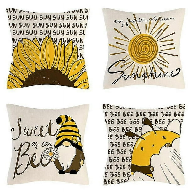 Juego de 4 fundas de cojín de verano de 45 x 45 cm, de lino rústico, decorativas con diseño de abeja para sofá.