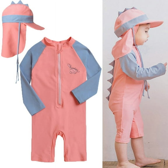 Toddler Little Girls Boys 3D Dinosuar Long Sleeve One Piece Swimsuits with Sun Hat