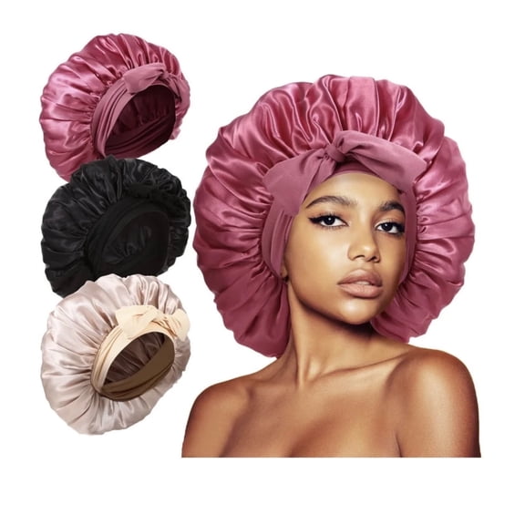 3 Pack Satin Sleeping Bonnet, Silk Bonnet for Sleeping Women,Large Satin Sleep Bonnet with Long Strap, Adjustable Sleep Cap Hair Bonnet for Women & Men, Black Beige pink