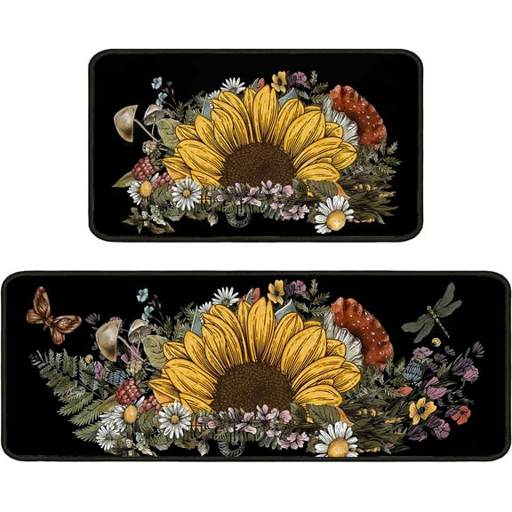 Sunflower Kitchen Rugs Kitchen Mats for Floor 2 Piece, Anti Fatigue Floor Mat for Kitchen, Kitchen Floor Mats for in Front of Sink and Black Kitchen Matt for Standing for Kitchen Decor 17"X30" 17"X47"