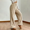 thumbnail image 6 of Women's Autumn Winter Solid Color Plush Pants, High Waisted Wide Leg Thermal Lounge Pants with Elastic Waistband, Soft Fleece Lined Casual Trousers for Cold Weather Comfort Khaki XL, 6 of 7