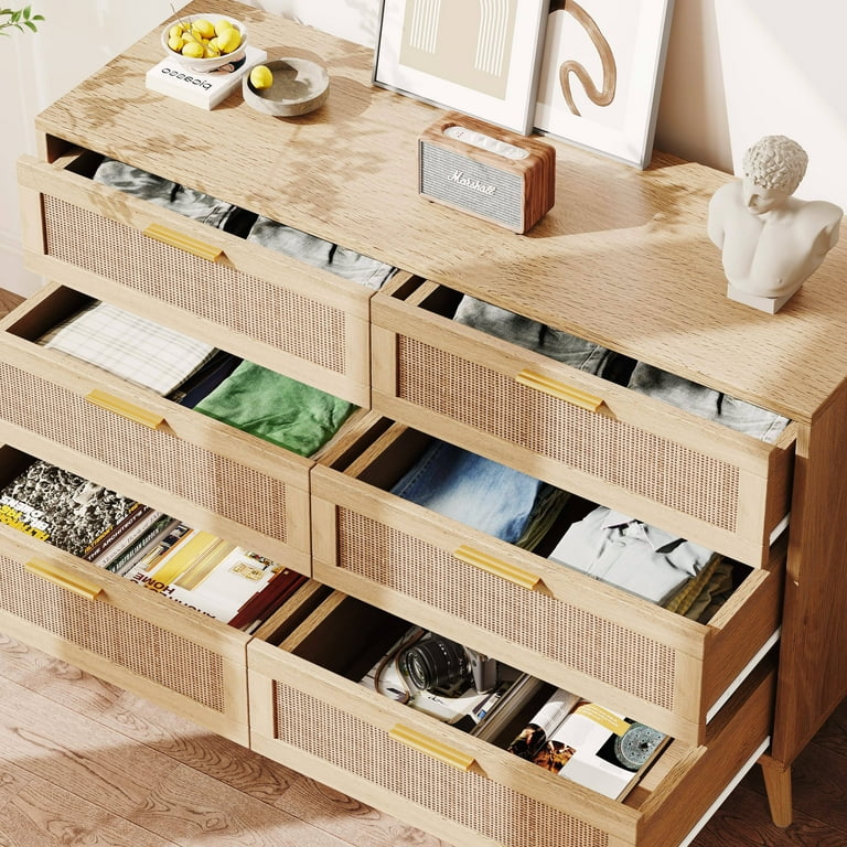 Rovaurx 6 Drawer Double Dresser Chest, Rattan Bedroom Table Rovaurx 6 Drawer Double Dresser Chest, Rattan Bedroom Table