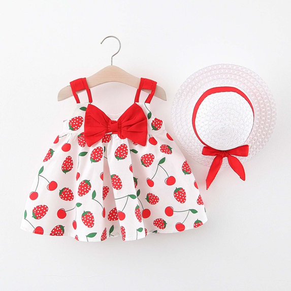 QISIWOLE Toddler Kids Baby Girl Summer Bow Print Suspender Dress With Hat,Deals