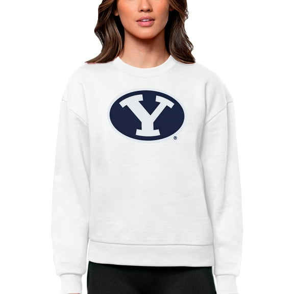 Women's Antigua White BYU Cougars Victory Crewneck Pullover Sweatshirt