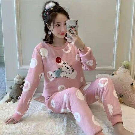 

CoCopeaunt Pajamas womens autumn and winter coral velvet thickened warm cute students long-sleeved facecloth home wear set sleepwear
