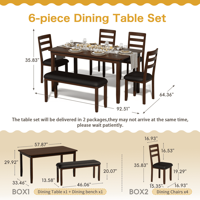 Lacoo Modern Simple Solid Wood Dining Table Set 6-Piece, 1 Table 4 Chairs 1 Bench, Kitchen Dining Room Furniture Set, Multiple Colors Available