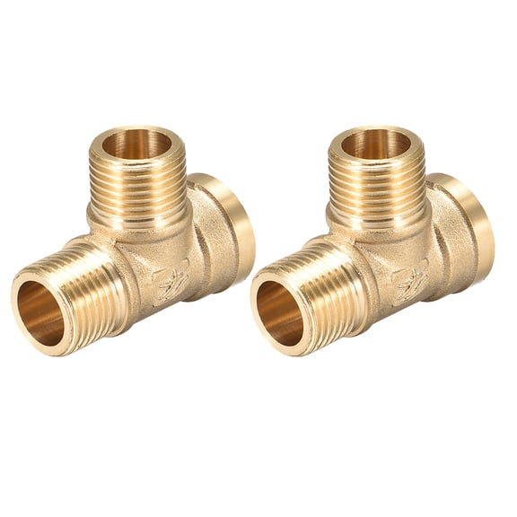 Uxcell Brass Tee Pipe Fitting Brass T Shaped 3 Way Connector Coupler 1.97" x 1.61" x 1.02" Gold 2pcs