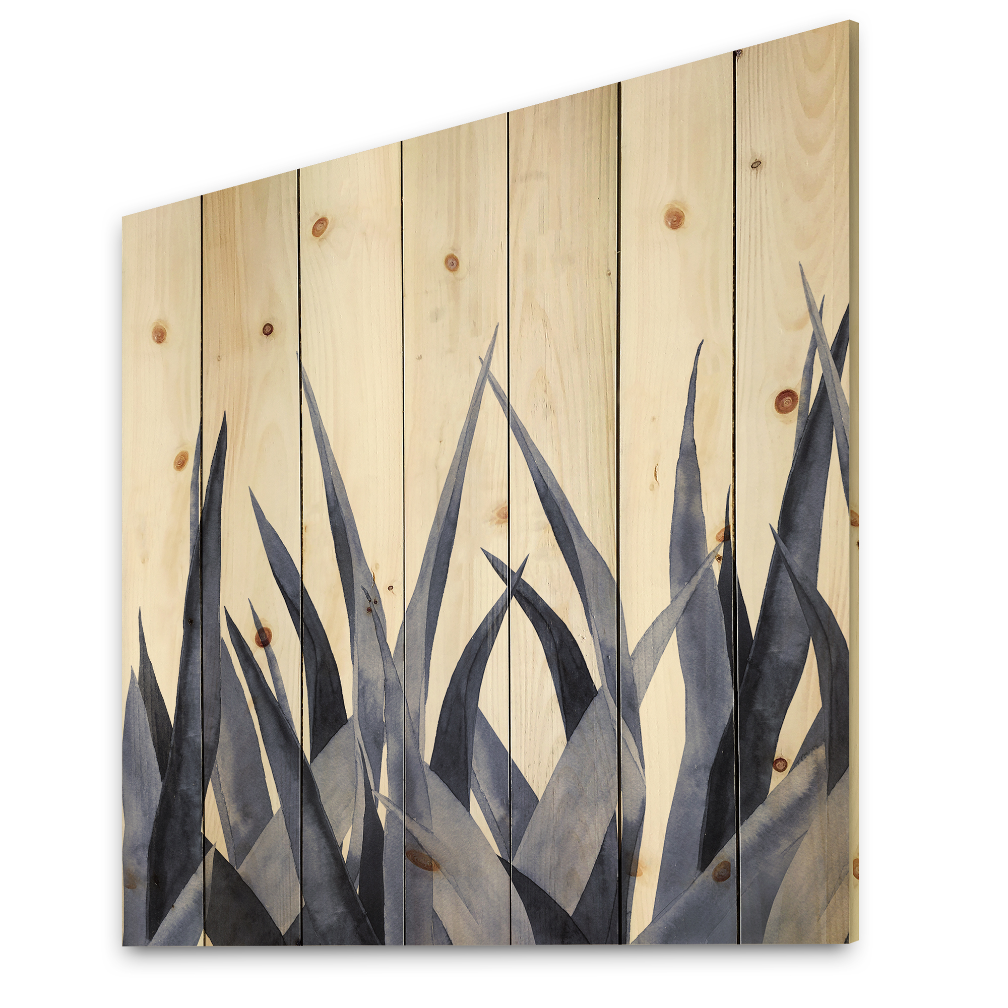 Designart 'Close Up Navy Blue Agave Leaves' Traditional Print on Natural Pine Wood