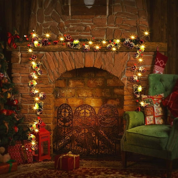 Pine Cone Christmas String Lights, 2Pcs 6.56FT 20LED Battery Operated Christmas Garland with Red Berry Pine Cone Fairy String Lights for Indoor Outdoor Christmas Decorations