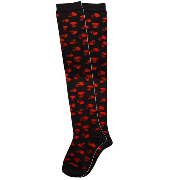 Black bow Medias largas hasta el muslo para Halloween para mujer, medias por encima de la rodilla con estampado de calavera de terror Punk gótico oscuro, medias de Cosplay para Fe