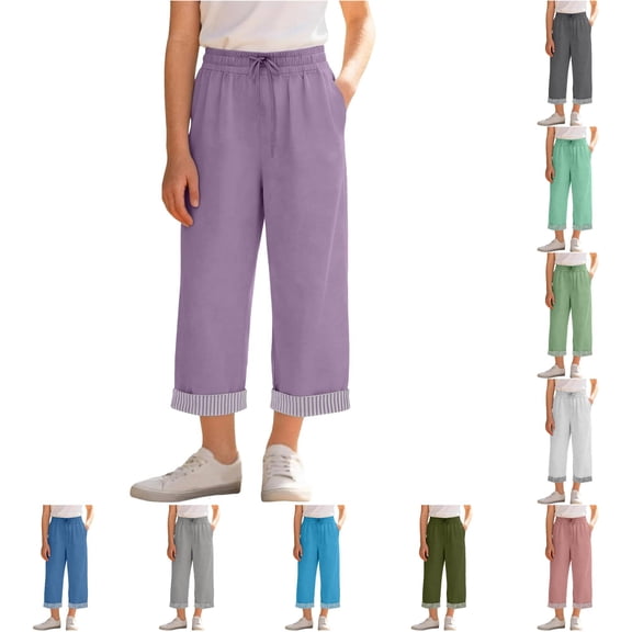 Girls High Waist Like Striped Culottes Casual Summer Pants with and Pockets Comfortable Straight Leg Cropped Wide Leg Trousers for Kids Cropped Leggings Girls 11-12 Years