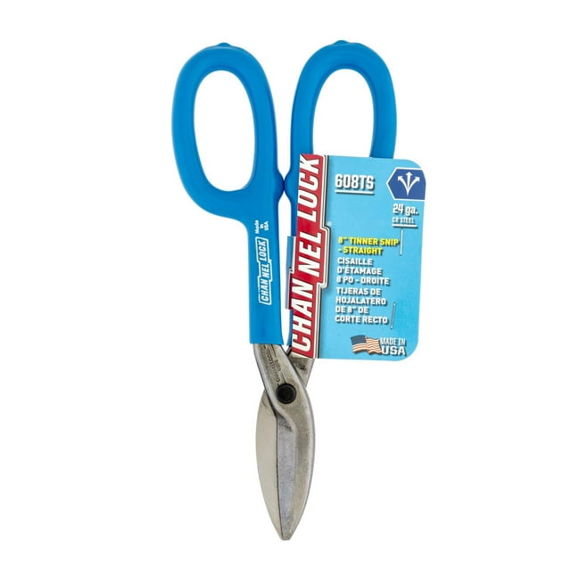 CHANNELLOCK Coupe-Bordures 8 Pouces avec Poignées Bleues et Lames en Acier Allié au Molybdène Forgé, Conçu pour la Coupe Droite de Tôle d'Acier Laminée à Froid de Calibre 24, Convient à l'Utilisation avec Outils Manuels pour l'Amélioration de la Maison, Fabriqué aux É.-U.