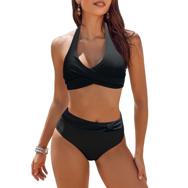 GZWYHT Bathing Suit for Women Tankini Swimsuits for Women Womens Swimsuits Two High Waisted Bathing Suits Color Block Wrap Front Bikini Sets Womens Swimsuits Bikini Sets for Women Black 3XL