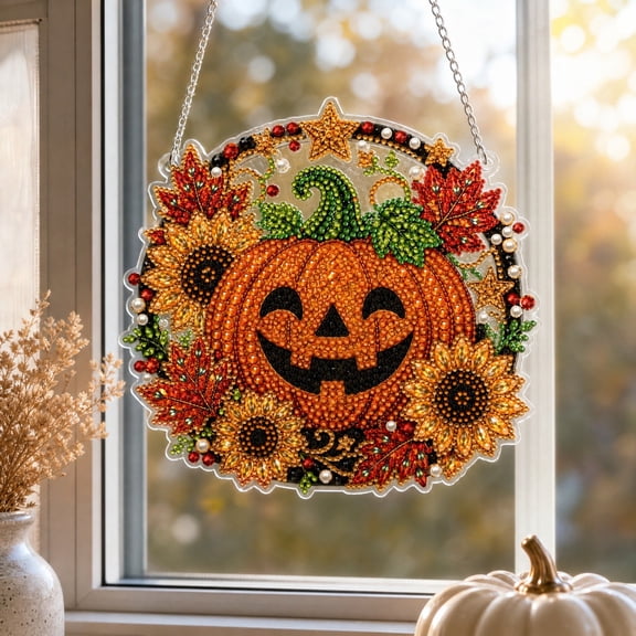Autumn Harvest Pumpkin Diamond Art Hanging Ornament Kit, DIY Acrylic Double Sided Diamonds Craft Pumpkin Painting Ornament, Window Home Garden Wall Hanging Pendant
