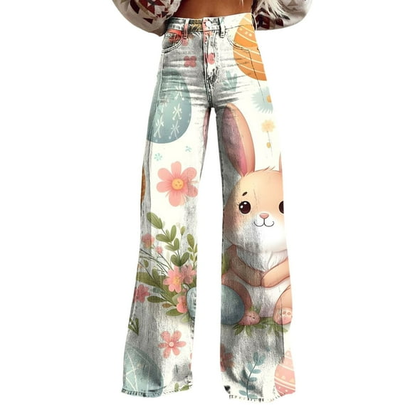 YUANGUANST Womens Dress Pants Women's Easter Bunny Egg Print Plus Size Wide Leg Pants Business Work Casual Pants