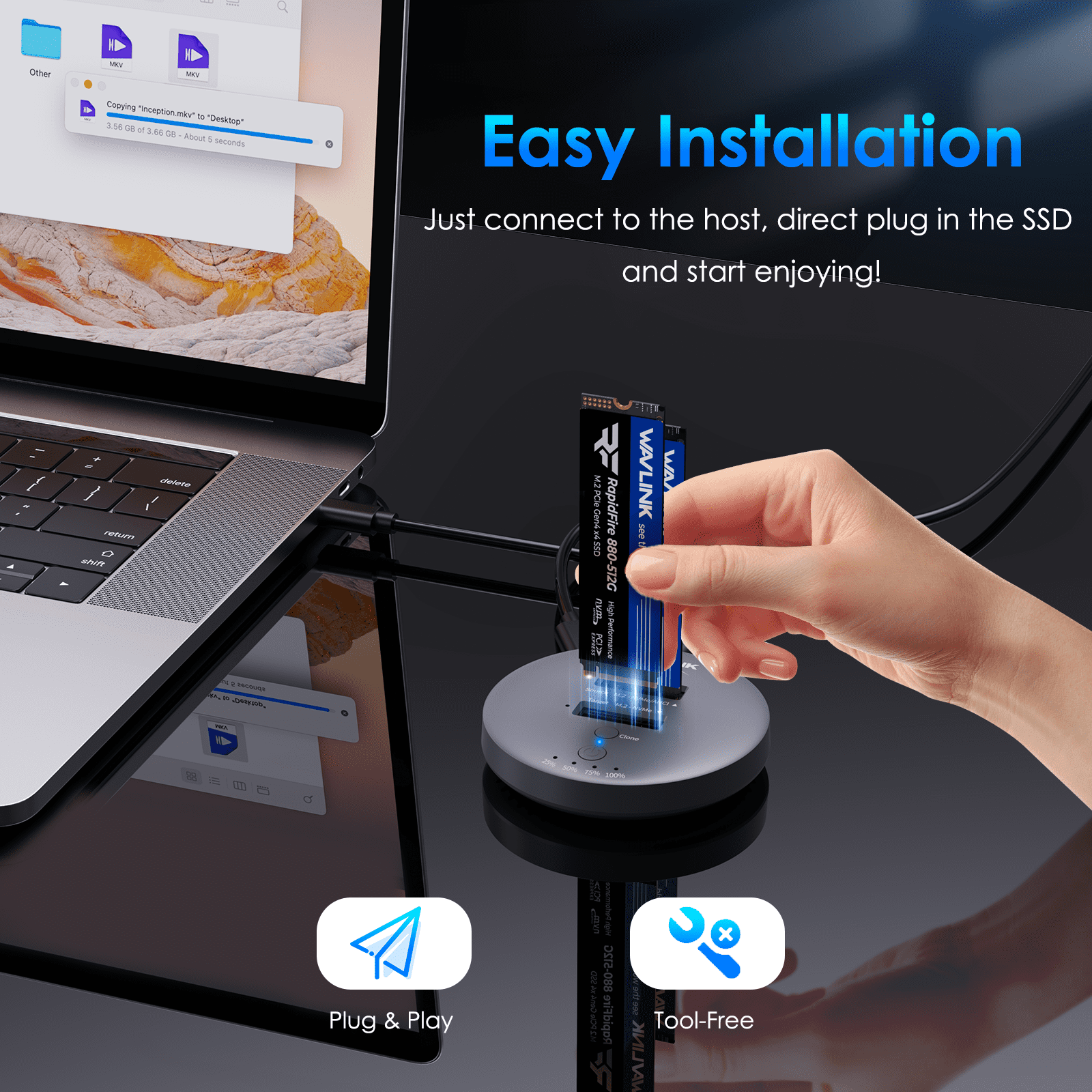 WAVLINK M.2 NVMe SSD Cloner Dock, 10Gbps Dual-Bay NVMe to USB-C/A Enclosure, Supports Offline Clone, UASP, Design for M-Key or M+B Key SSDs in Size 2230/2242/2260/2280/22110, SSD Not Include