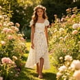 thumbnail image 5 of Zpanxa Girl Dress Girl's Flowy Maxi A-line Dress Floral High Low Short Sleeve Round Neck Casual Party Dresses Beige 11 Years, 5 of 7