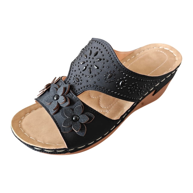 Hyknon Sandals for Women Summer Leisure Comfortable Rhinestone Flower Wedges Arch Support Comfortable Sandals