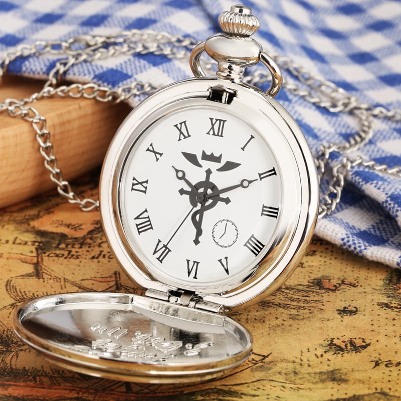Simple Fullmetal Alchemist Quartz Silver Pocket Watch Edward Elric Anime Clock Design Pendant Cosplay Fans Necklace Chain Gifts Walmart