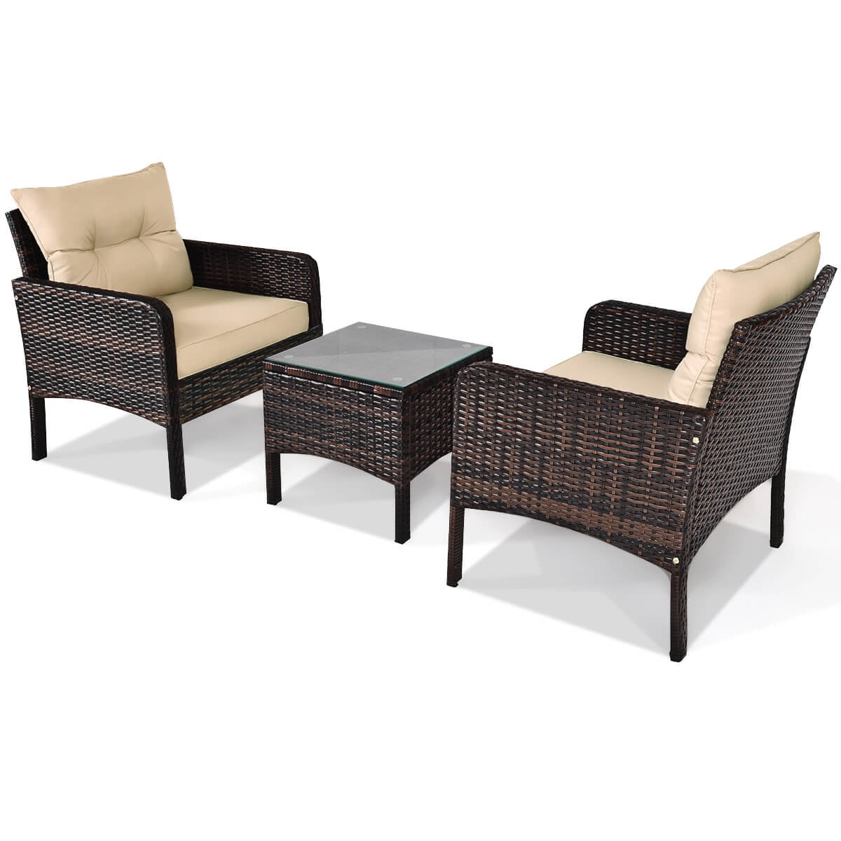 Costway 3 PCS Patio PE Wicker Furniture Set with Cushions and Tempered Glass Coffee Table Brown