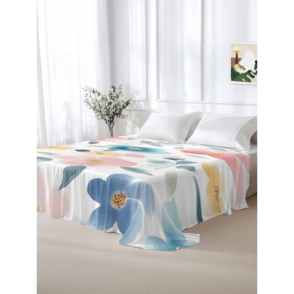 California King Size Flat Sheet Only,Abstract Ombre Wild Flowers Leaf Soft Top Bed Sheets Breathable Bedding Sheet Cute Watercolor Floral Microfiber Hotel Luxury Top Sheets