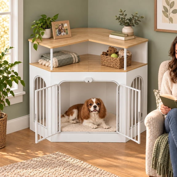 Corner Dog Crate Furniture, 41.3" Wooden Dog Kennel with Storage Shelves, Heavy Duty Metal Bar Dog House Indoor Corner Pet Crate for Medium Large Dogs, Oak