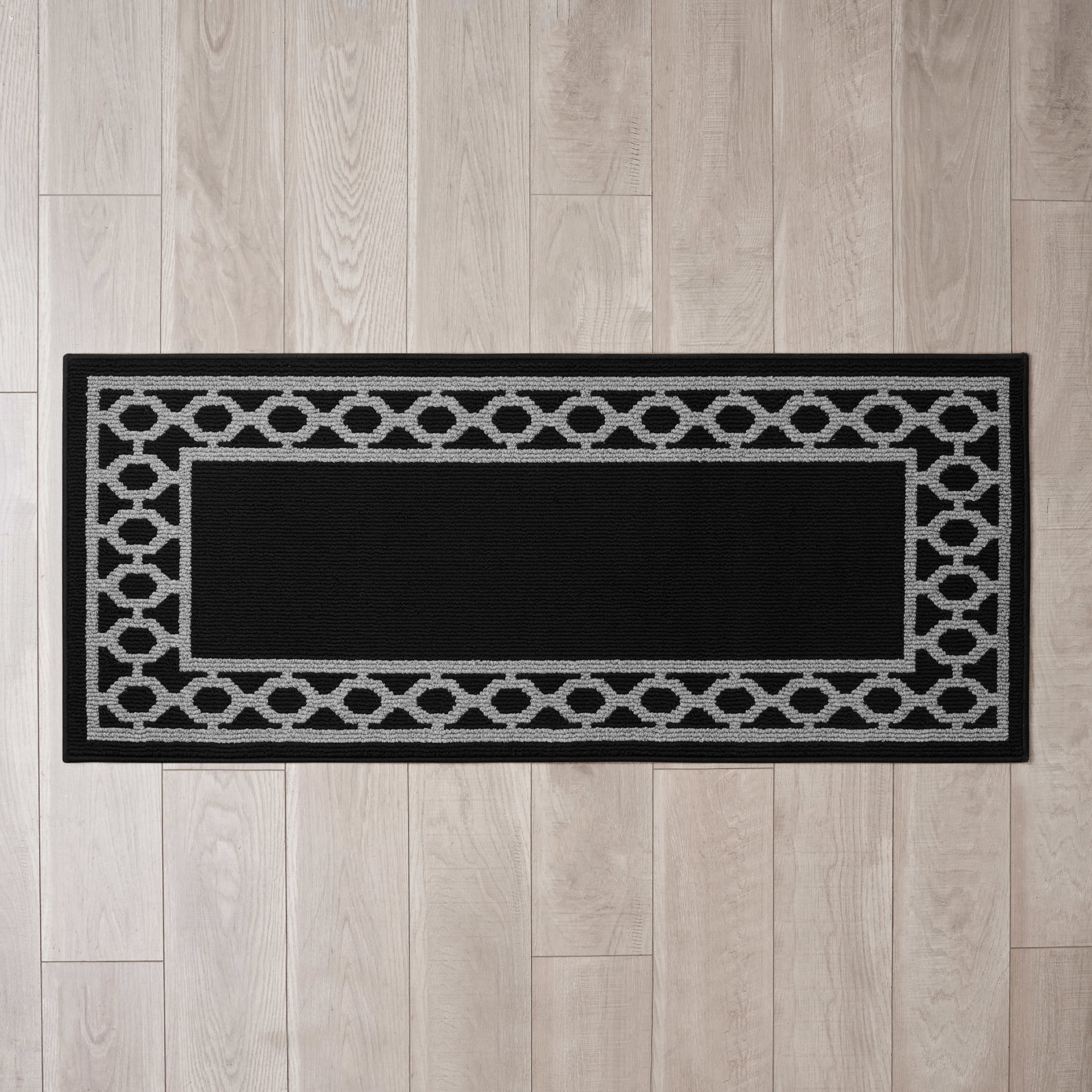 Washable Skid-Resistant Runner Rug, Trellis Border , Black and Twisted Grey , 26" x 72"