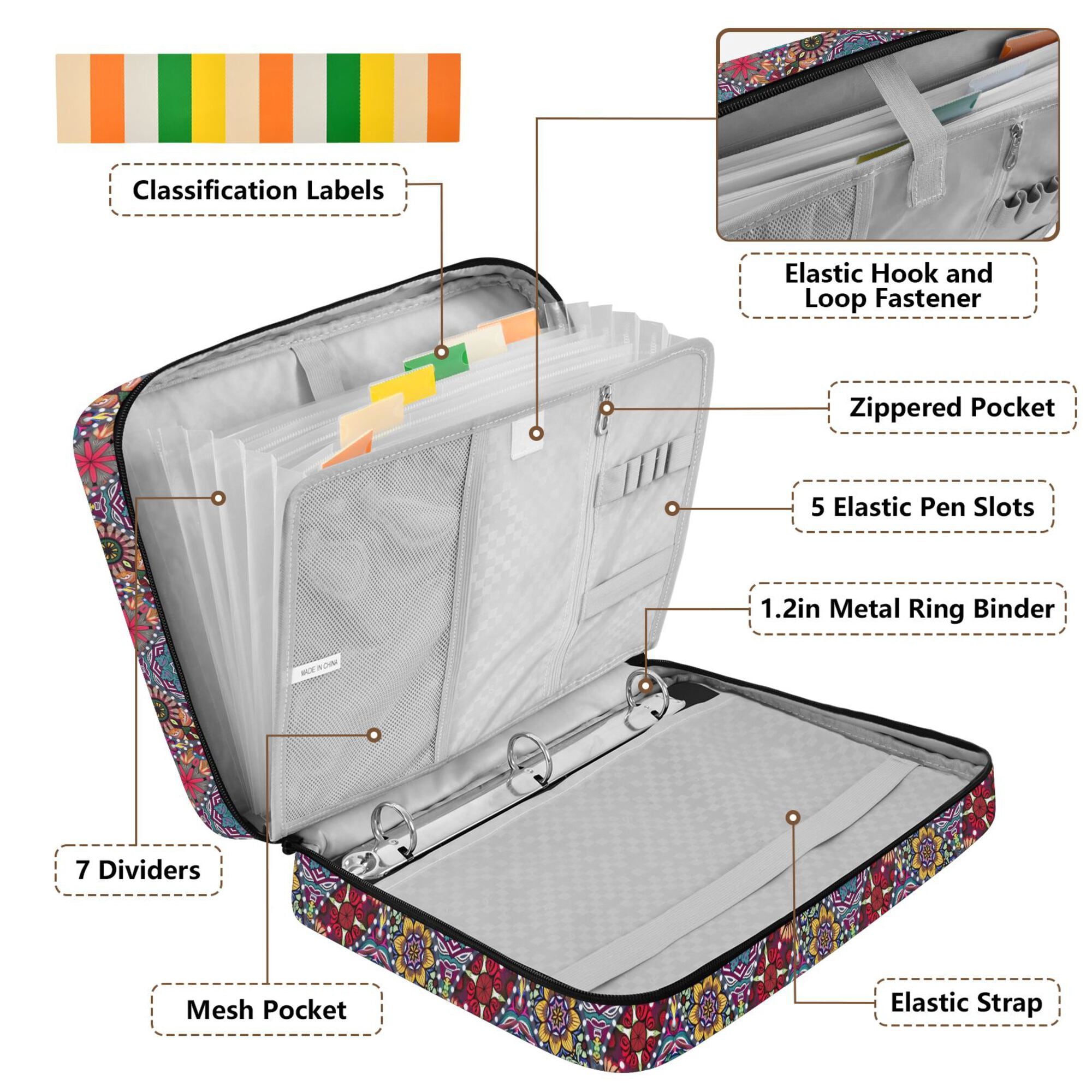 FORMRS Accordion File Folder A4 Size 7-Pocket Expanding Document Organizer Bag with 3 Ring Binder, Colorful Mandala Pattern