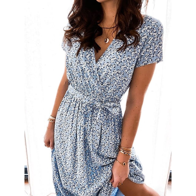 SMihono Robe Maxi Bohème d'Été pour Femmes Grande Taille Manches Courtes Imprimé Floral Col en V Ceintures Mi-Mollet Robe de Plage Robe d'Été