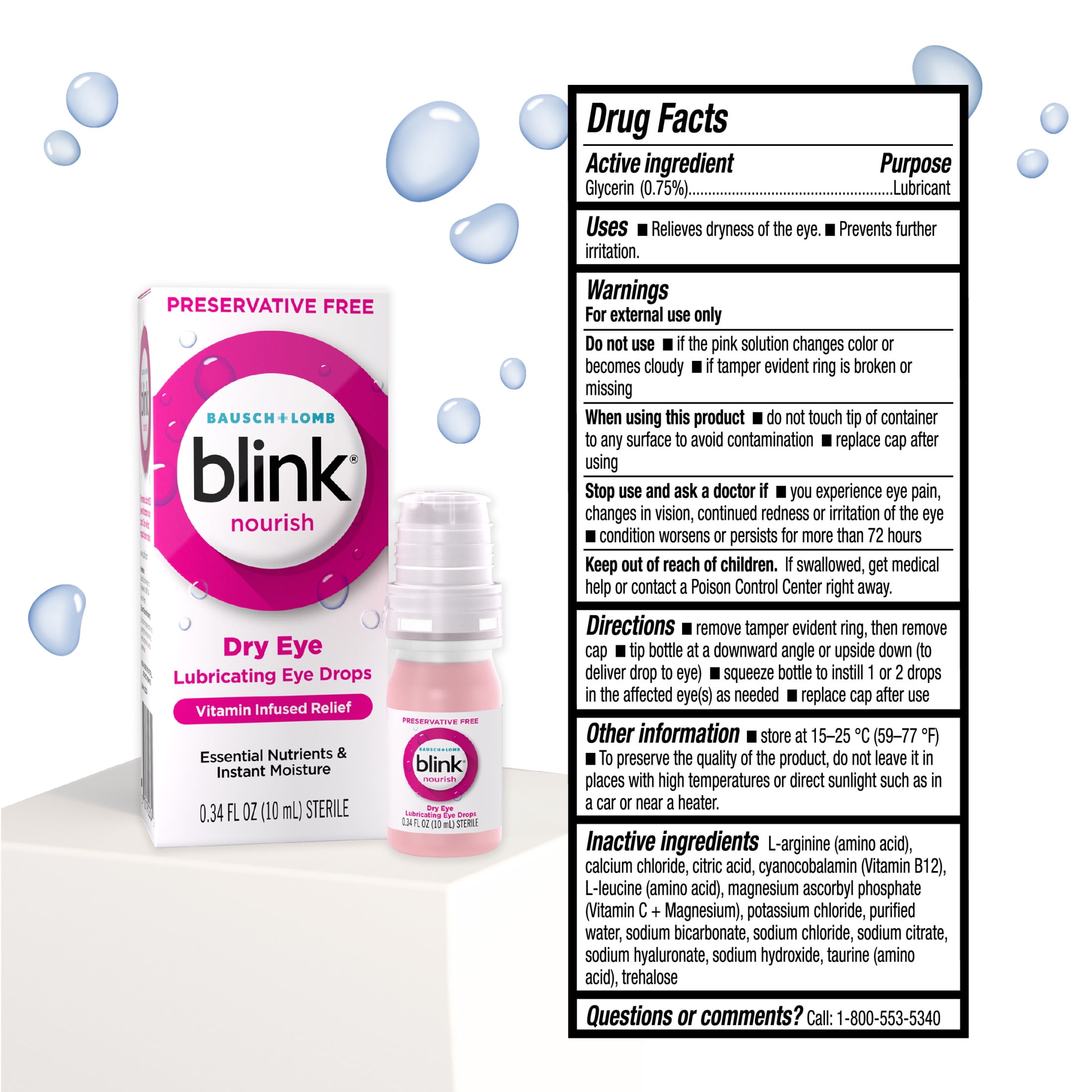(6 pack) Blink Nourish Eye Drops for Dry Eyes, Preservative Free Lubricating Eye Drops with Hyaluronan, B12, & Vitamin C, 10 mL