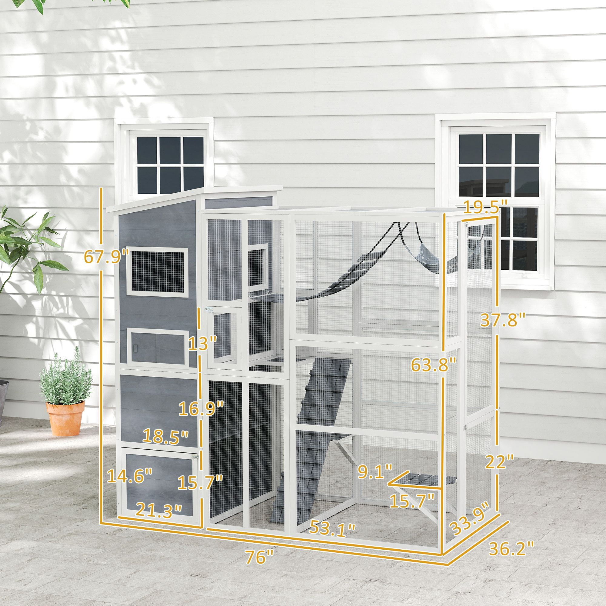 PawHut Large Outdoor Catio Enclosure, 76"W x 67.9"H Gray Fir Wood Cat Patio with 4-Tier House, Ramps, Hammock & Platforms for Backyard, Garden, and Secure Pet Play Space