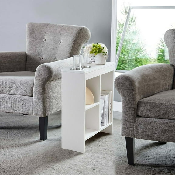 WYDK Side End Table with Drink Holders, Storage Shelves, Magazine Holder, Narrow Slim Chair Couch Table, Nightstand, Bedside Table for Bedroom, Living Room, Office, White