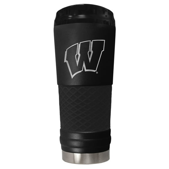 Wisconsin 24 ounce vacuum insulated stainless steel tumbler in black powder coat and laser etched team logo