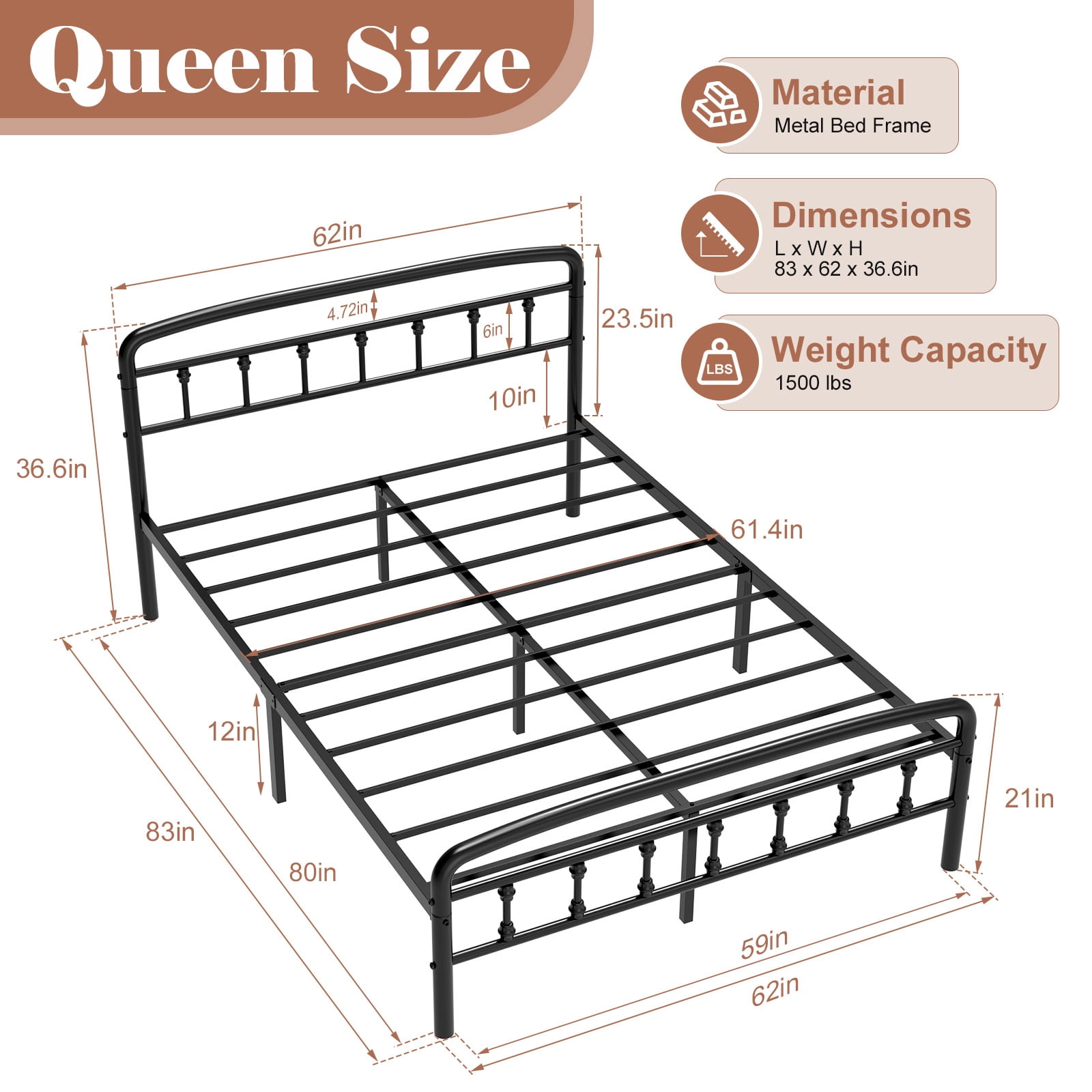 Queen Bed Frame with Headboard,Victorian Style Headboard and Footboard, No Squeak, Heavy Duty 1500lbs Support, Easy 30-Min Tool-Free Assembly, No Box Spring Needed/Underbed Storage