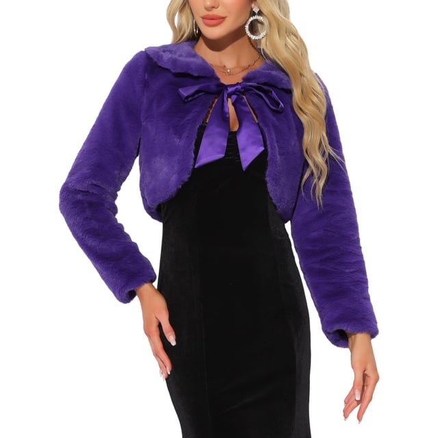CHAQUETA CROP DE FALSO PELO PARA MUJERES INSPIRE CHIC CON LAZO EN LA PARTE DELANTERA, ABRIGO FLUFFY TAMAÑO XL MORADO
