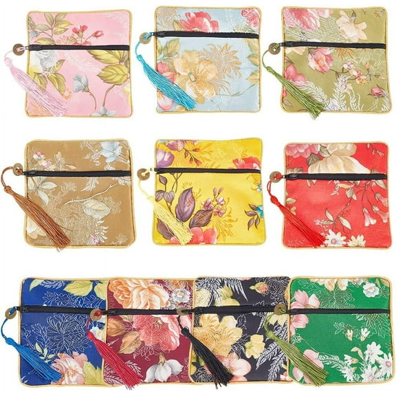 10 Colors Jewelry Silk Zipper Purse Pouches 4.5" Vintage Square Cloth Bags Flower Gift Pouches with Tassel Zipper Chinese Style Silk Bag Coin Purses for Jewelry Bracelet Necklace 10PCS colorful