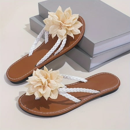 

Women s Flower decor flip flops braided detail summer flat slide shoes casual outdoor beach slide sandals