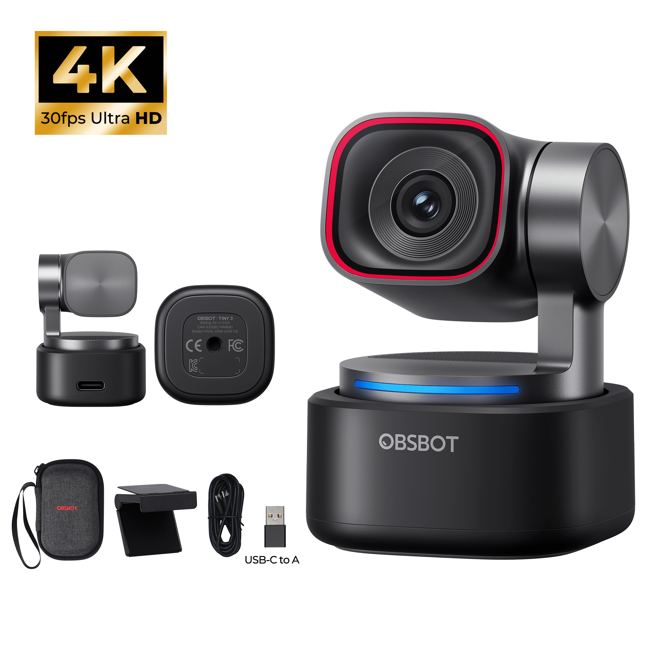 OBSBOT Tiny 2 AI-Powered PTZ 4K Webcam, Black, Auto-Tracking