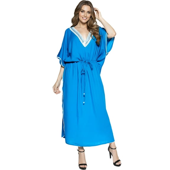 HAPPY BAY Women's Loungewear Loose Caftan Maxi Robe Flowy Home Wear 3X-4X Mary Blue_U44
