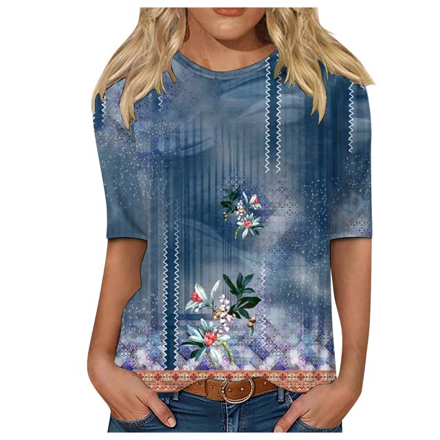 TSADFHJI Hauts à Manches Longues en Coton pour Femmes Col Rond Manches Mi-Longues Blouse Imprimée TTG Bleu Foncé